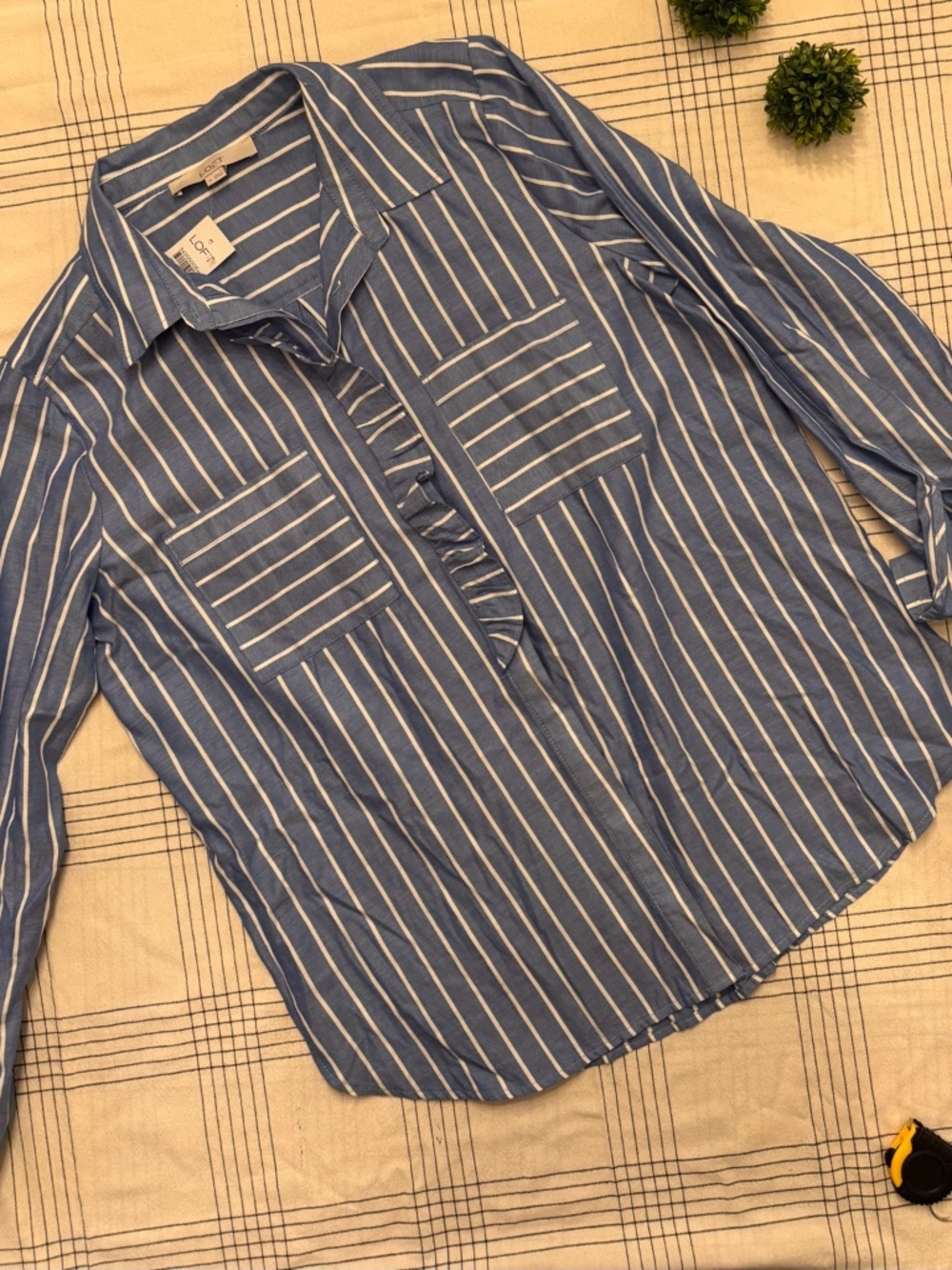 LOFT Blue & White Striped Ruffle Button Down Shirt NWT Medium